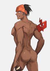 artist_request ass dark_skin game_freak male_only nintendo nude pokemon pokemon_ss raihan_(pokemon) rotom_phone showing_off solo tagme white_background