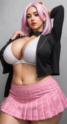 ai_generated big_breasts black_clothing bra busty cute d4rk_v0id large_breasts latina miniskirt petite pink_clothing pink_hair pink_skirt school_uniform schoolgirl schoolgirl_uniform short_skirt thighs unbuttoned unbuttoned_shirt white_bra