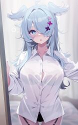 answering_door black_bra black_panties blue_hair bra bra_visible_through_clothes button_down_shirt deyui doorway dragon_girl elira_pendora garter_straps hair_over_one_eye head_wings lingerie_under_clothes messy_hair nijisanji nijisanji_en panties sleepy translucent_clothing virtual_youtuber white_shirt