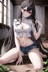 abandoned_building ai_generated black_hair crop_top evelyn_ghostie_(oc) ghost ghost_girl haunted_house kneeling long_hair looking_at_viewer original original_character pale_skin red_eyes shorts spread_legs torn_clothes unstable_diffusion