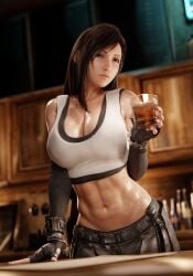 1girls 3d 3d_(artwork) alcohol big_breasts billyhhyb black_hair blender breasts female female_focus final_fantasy final_fantasy_vii final_fantasy_vii_remake fingerless_gloves fit_female highres large_breasts long_black_hair long_hair looking_at_viewer midriff navel red_eyes sfw skirt tank_top tifa_lockhart