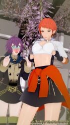 2girls 3d bernadetta_von_varley bra breasts cleavage female female_only fire_emblem fire_emblem:_three_houses garreg_mach_monastery_uniform jollyoldsoldier leonie_pinelli multiple_girls nintendo orange_hair purple_hair short_hair skirt unbuttoned_shirt white_bra