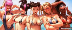 5girls asian asian_female azuma_yasuo azumaarts bikini blonde_hair blue_eyes breasts british british_female brown_hair cammy_white capcom chinese chinese_female chun-li dark-skinned_female dark_skin european european_female french french_female hair_buns hair_horns juri_han kimberly_jackson korean korean_female light-skinned_female light_skin looking_at_viewer manon_legrand multiple_girls nail_polish pink_eyes pink_hair_streak pose selfie street_fighter street_fighter_6 take_your_pick tongue v