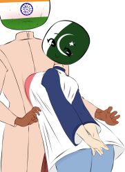 1boy 1girls biting_lip blush breasts countryhumans countryhumans_girl flawsy india_(countryhumans) pakindia pakistan_(countryhumans) smaller_female sweating