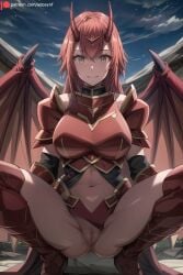 ai_generated armor bangs big_breasts boots breasts carla_vargas closed_mouth dragon_girl dragon_horns dragon_wings edosynf female genjitsu_shugi_yuusha_no_oukoku_saikenki grey_eyes hair_between_eyes highres horns large_breasts long_hair looking_at_viewer navel outdoors pussy red_hair sky smile solo spread_legs squatting thigh_boots thighhighs thighs wings