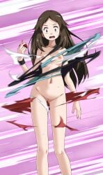 ass_visible_through_thighs brown_eyes brown_hair exploding_clothes holding_object holding_poke_ball leaf_(pokemon) long_hair looking_at_viewer medium_breasts mosaic_censoring motion_lines nail_polish navel nipples nude panties_around_one_leg pink_background poke_ball pokemon pussy scared sweat torn_bra torn_clothes torn_panties torn_shirt torn_skirt tsukishiro_saika wrist_cuffs