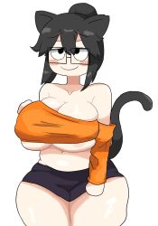 1girls big_breasts big_thighs black_hair cat_ears cat_tail catgirl cleavage doodle glasses light-skinned_female notnoe_(dxcl) oc original_character request shorts solo solo_female tail thick_thighs thighs underboob white_background