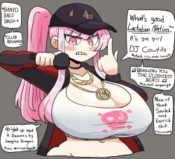 baseball_cap breast_focus breasts chains choker comedy crop_top english_text funny hat hololive hololive_english hololive_myth huge_breasts jewelry long_hair looking_at_viewer midriff mori_calliope necklace notnoe_(dxcl) pink_hair ponytail rapper red_eyes streetwear text virtual_youtuber