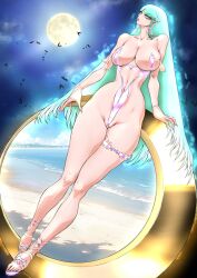 1girls aqua_eyes beach capcom darkstalkers green_hair huge_breasts large_breasts long_hair morrigan_aensland pointy_ears revealing_swimsuit seaside succubus voluptuous yuri-ai