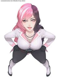 1girls altq1 big_breasts busty female hands_on_hips large_breasts legs looking_up_at_viewer multicolored_eyes multicolored_hair mute naughty_face necklaces neo_(rwby) no_sex pose posing rwby smile sticking_out_tongue thick_thighs thighs tongue_out