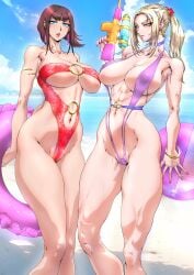 abs anna_williams aqua_eyes athletic_female beach blonde_hair blue_eyes brown_hair death_by_degrees fit_female gun huge_breasts long_hair medium_hair namco nina_williams pistol ponytail seaside silf silfs sisters tekken tekken_1 tekken_2 tekken_3 tekken_4 tekken_5_dark_resurrection tekken_6_bloodline_rebellion tekken_7 tekken_8 tekken_blood_vengeance tekken_bloodline tekken_tag_tournament tekken_tag_tournament_2 tekken_the_motion_picture voluptuous water_gun yuri-ai