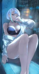 1girls 2d asian asian_female big_breasts bra cd_projekt_red cleavage cyberpunk:_edgerunners female female_only huge_breasts kneeling light-skinned_female lingerie looking_at_viewer lucyna_kushinada solo studio_trigger thick_thighs tommietomm white_hair