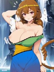 1girls areolae brown_hair cleavage clothed_female curvy curvy_female exposed_breasts exposed_nipples hekiga_(freelot) hub_dump japanese_text light-skinned_female monkey_girl nipple red_eyes solo solo_female son_biten tail touhou waterfall