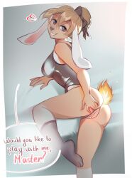 bunny_girl chelizi_(diives) cum_in_pussy furry furry_only grabbing_own_ass hair_tied high_socks koreshka looking_at_viewer tail_on_fire text text_bubble xingzuo_temple