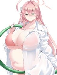 1girls 2023 absurd_res amami317 bbw belly bikini_top blue_archive bottomless breasts button_down_shirt chubby chubby_female female female_focus green_eyes hanako_(blue_archive) hanako_(swimsuit)_(blue_archive) hose huge_belly huge_breasts long_hair loose_clothes pink_hair plump see-through see-through_clothing solo solo_female solo_focus trinity_general_school_student