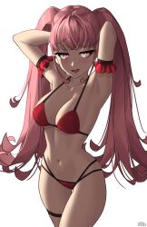 1girls absurdres alternate_costume armpits arms_behind_head artist_name bikini blush breasts cleavage commentary english_commentary female female_only fire_emblem fire_emblem:_three_houses highres hilda_valentine_goneril large_breasts lips long_hair looking_at_viewer navel nintendo open_mouth pink_eyes pink_hair pink_lips red_bikini red_swimsuit simple_background smile solo stomach swimsuit twintails very_long_hair white_background x_xith_x