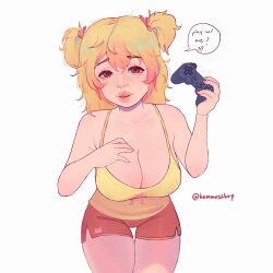 1girls big_breasts blonde_hair breasts controller female full_lips gamer_girl hummusslurp original_character shorts solo thick_thighs touching_breast twintails
