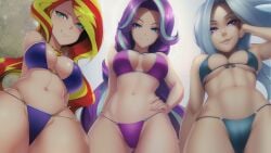 3girls ai_generated belly_button bikini blue_eyes female female_only green_eyes hand_behind_back hand_behind_head hand_on_hip human humanized long_hair looking_at_viewer looking_down low-angle_view midriff multicolored_hair my_little_pony pov pov_eye_contact purple_eyes shadow stable_diffusion starlight_glimmer sunset_shimmer trio trixie_(mlp) trixie_lulamoon viewed_from_below white_hair