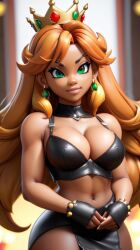 1girls ai_generated big_breasts bowsette brown_skin female ginger green_eyes latex leather leather_clothing mario_(series) new_super_mario_bros._u_deluxe red_bowsette