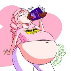 1girls art_trade belly_overhang big_belly braided_twintails cheeze_squak chugging color demon_slayer digestion_noises fat kanroji_mitsuri kimetsu_no_yaiba overweight pepsi pink_hair stomach_noises tagme thick_thighs underbelly weight_gain