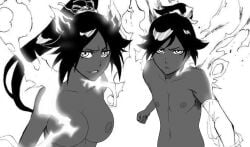 1boy 1girls black_hair bleach bleach:_the_thousand-year_blood_war dark-skinned_female dark-skinned_femboy dark-skinned_male dark_skin femboy long_hair looking_at_viewer naked nipples purple_hair shihouin_yoruichi shihouin_yuushirou trap yellow_eyes yushiro_shihouin