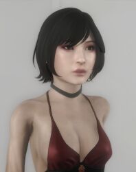 1girls 3d ada_wong alternate_hairstyle asian asian_female black_hair breasts brown_eyes cavalorn13 crossover female female_only fully_clothed red_dress resident_evil screenshot short_hair skyrim solo the_elder_scrolls