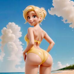 ai_generated ass ass_cheeks ass_cleavage ass_focus back back_view beach beach_background big_ass blizzard_entertainment close-up close_up clouds looking_back mercy mizugi overwatch pixar pixar_mom pixar_style swimsuit tagme xdjine yellow_mizugi yellow_swimsuit