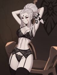 1girls barleyshake big_breasts black_lingerie black_sclera breasts female female_only goth goth_milf grey_skin hourglass_figure large_breasts lingerie milf red_eyes rwby salem_(rwby) white_hair wide_hips