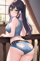 1girls ai_generated ass_focus back_view bare_shoulders belt big_breasts blurry_background blush booty_shorts breasts brown_hair dark_hair dat_ass denim_shorts female_only leaning ledge looking_at_viewer looking_back medium_hair multicolored_eyes no_bra pale_skin plants soulgen tank_top thick_thighs twintails watermark window wooden_wall