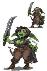 belt big_ears black_hair boots cape goblin goblin_female grin huge_breasts kessy_(squishcap) red_eyes reference_image scar sharp_teeth shortstack squishcap_(artist) sword thick_thighs twitter_username