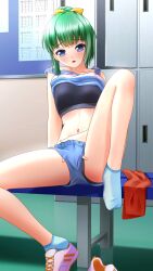 black_panties blue_eyes blue_shorts blue_socks blunt_bangs blush bow collarbone doukyuusei_another_world female female_masturbation game_cg green_hair hairbow iijima_miyuki indoors kakyuusei locker locker_room masturbation midriff navel open_mouth panties ponytail short_hair short_shorts shorts sitting socks solo stomach underwear yellow_bow