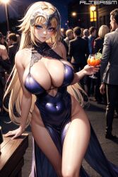 ai_generated alterism blonde_hair blue_eyes center_opening cleavage crowd depth_of_field dress fate/grand_order fate_(series) headpiece hourglass_figure jeanne_d'arc_(fate) jeanne_d'arc_(fate)_(all) large_breasts long_hair looking_at_viewer shiny_skin stable_diffusion standing thick_thighs