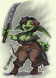 belt big_ears black_hair boots cape goblin goblin_female grin huge_breasts kessy_(squishcap) red_eyes scar sharp_teeth shortstack squishcap_(artist) sword thick_thighs twitter_username