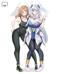 2girls blush bodysuit breasts cleavage clothed eunie_(xenoblade) female female_only fully_clothed icoo looking_at_viewer melia_antiqua smile tight_clothing white_background wings wings_on_head wink xenoblade_(series) xenoblade_chronicles_3