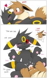 anthro black_body black_fur bodily_fluids brown_body brown_fur cheek_tuft chest_tuft comic cum cum_in_pussy cum_inside dialogue duo eevee eeveelution facial_tuft female female_penetrated from_front_position fur generation_1_pokemon generation_2_pokemon genital_fluids hi_res kiss_on_lips kissing lying male male/female male_penetrating male_penetrating_female missionary_position nakachidragon nintendo on_back pawpads paws penetration penile penile_penetration pokemon pokemon_(species) red_eyes sex text tuft umbreon vaginal_penetration vaginal_penetration