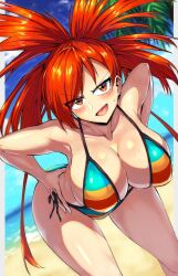 1girls bikini breasts female flannery_(pokemon) gym_leader hi_res large_breasts leaning_forward light-skinned_female light_skin long_hair looking_at_viewer naughty_face nintendo pokemon pokemon_oras pokemon_rse ponytail rainbow_bikini red_eyes red_hair smile striped_bikini suzusiigasuki