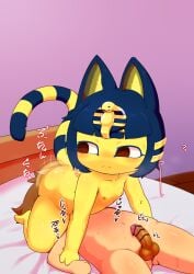 69 69_position alacarte animal_crossing ankha ankha_(animal_crossing) anthro bed censored domestic_cat facesitting felid feline felis female flat_chested furniture genitals hi_res human human_on_anthro interspecies male male/female mammal nintendo nipples oral penis sitting_on_another