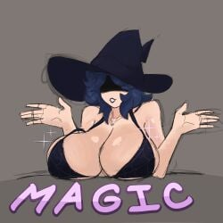 big_breasts black_bra black_hair blue_hair bra breasts busty cleavage cordelia_(dead_estate) crowsdomeart dead_estate fair_argument_but… large_breasts lipstick meme shadow_over_eyes short_hair witch witch_hat