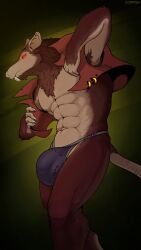 abs anthro armpit_hair body_hair bulge chest_tuft claws clothed clothing corrsk digital_media_(artwork) fur genitals hi_res male male_only mammal murid murine muscular muscular_anthro muscular_male open_clothing open_topwear open_vest pecs rat red_eyes rodent simple_background skaven solo tail teeth topwear tuft tweek_firecrest underwear vest warhammer_(franchise) warhammer_fantasy