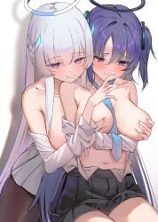 2girls belly black_and_blue_halo blue_and_white_halo blue_archive embarrassed exposed_breasts female female_only groping_from_behind large_breasts licking_own_lips lookhow looking_at_viewer looking_away millennium_science_school_student naughty_smile navel noa_(blue_archive) open_clothes possessive seminar_(blue_archive) sweatdrop tagme_(artist) thighs wavy_mouth yuri yuuka_(blue_archive)