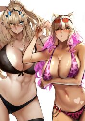 2girls barghest_(gawain)_(fate) big_breasts bikini blonde_hair duo fate/grand_order fate_(series) female female_only huge_breasts jikihatiman large_breasts long_hair peace_sign ponytail suzuka_gozen_(fate) suzuka_gozen_(swimsuit_rider)_(fate) swimsuit tagme tan_body