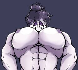 adult aged_up bara bara_tiddies bara_tits barazoku chilling huge_pecs looking_down skid_(srpelo) spooky_month