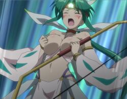 breasts covering covering_breasts female green_hair large_breasts momo_kyun_sword momoko_(momokyun) navel revealing_clothes screencap