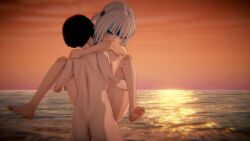 1boy1girl beach blue_eyes blue_nails breasts feet gawr_gura hololive hololive_english hololive_myth ihate9 looking_at_viewer multicolored_hair nude sex small_breasts sunset virtual_youtuber