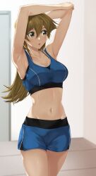 1girls alexis_rhodes amber_eyes armpits arms_up blonde_hair cleavage large_breasts long_hair rourou_ill sports_bikini sports_bra sportswear sweat tenjouin_asuka yu-gi-oh! yu-gi-oh!_gx