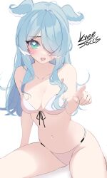 bikini blue_hair breasts cleavage dragon_girl elira_pendora hair_over_one_eye head_wings heart_eyes kneesoccs nijisanji nijisanji_en pointing skin_fang swimsuit swimwear virtual_youtuber white_bikini