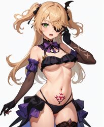 1girls ai_generated bikini blonde_hair eyepatch fischl_(genshin_impact) genshin_impact gloves green_eyes nai_diffusion small_breasts solo stable_diffusion tattoo twintails underboob