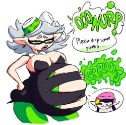 2girls big_breasts burping bursting_belly cheeze_squak digestion_noises english_text female inkling inkling_girl marie_(splatoon) multiple_girls splatoon stomach_noises tagme vore vore_belly wardrobe_malfunction