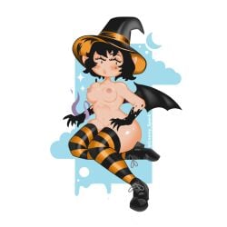 black black_hair breasts cute emo fat_ass goth halloween pink_nipples pointy_breasts pointy_ears shiny shiny_skin spooky thighhighs wings witch witch_hat