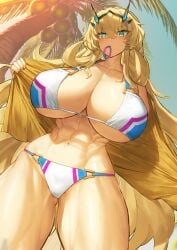 1girls abs barghest_(gawain)_(fate) barghest_(swimsuit_archer)_(final_ascension)_(fate) big_breasts bikini blonde_hair blush breasts breasts_bigger_than_head embarrassed fate/grand_order fate_(series) female female_focus female_only huge_breasts long_hair looking_at_viewer melon22 monster_girl muscular_female muscular_thighs nervous official_art swimsuit type-moon